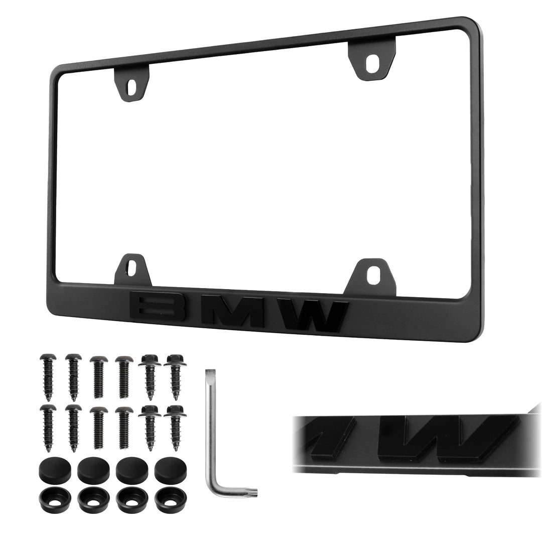 BMW Models Stealth Matte Black Powder Coat License Plate Frame with 3D Raised Black or Silver Letters