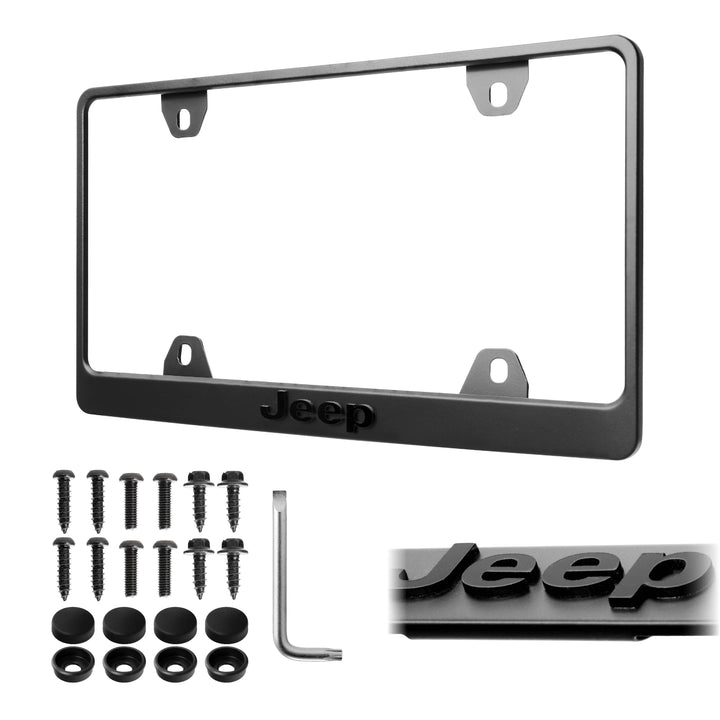 Jeep Stealth Black Powder Coat License Plate Frame with 3D Raised Letters