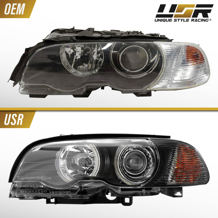 2000-2003 BMW 3 Series E46 2D & 2002-2006 E46 M3 Halogen Models Angel Eye Projector Headlight with UHP LED Halo Rings & Smoke Lens Corner Light COMBO