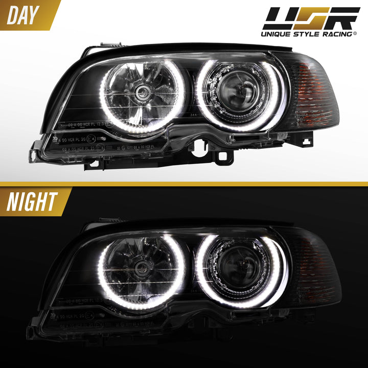 2000-2003 BMW 3 Series E46 2D & 2002-2006 E46 M3 Halogen Models Angel Eye Projector Headlight with UHP LED Halo Rings & Smoke Lens Corner Light COMBO