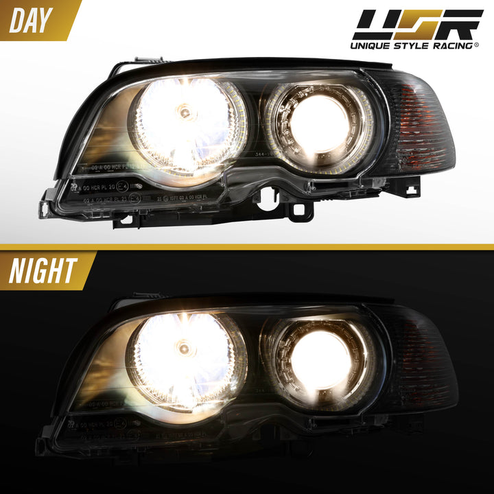 2000-2003 BMW 3 Series E46 2D & 2002-2006 E46 M3 Halogen Models Angel Eye Projector Headlight with UHP LED Halo Rings & Smoke Lens Corner Light COMBO