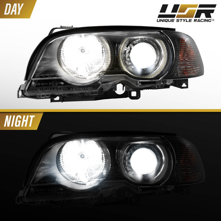 2000-2003 BMW 3 Series E46 2D & 2002-2006 E46 M3 Halogen Models Angel Eye Projector Headlight with UHP LED Halo Rings & Smoke Lens Corner Light COMBO