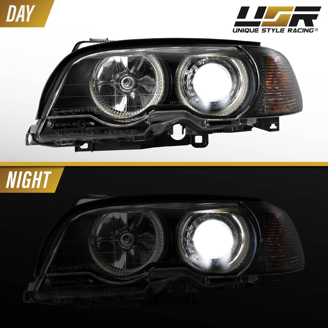2000-2003 BMW 3 Series E46 2D & 2002-2006 E46 M3 Halogen Models Angel Eye Projector Headlight with UHP LED Halo Rings & Smoke Lens Corner Light COMBO