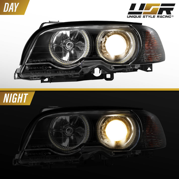 2000-2003 BMW 3 Series E46 2D & 2002-2006 E46 M3 Halogen Models Angel Eye Projector Headlight with UHP LED Halo Rings & Smoke Lens Corner Light COMBO