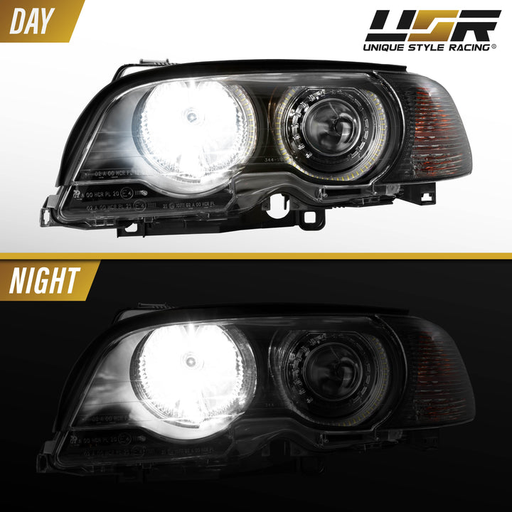 2000-2003 BMW 3 Series E46 2D & 2002-2006 E46 M3 Halogen Models Angel Eye Projector Headlight with UHP LED Halo Rings & Smoke Lens Corner Light COMBO