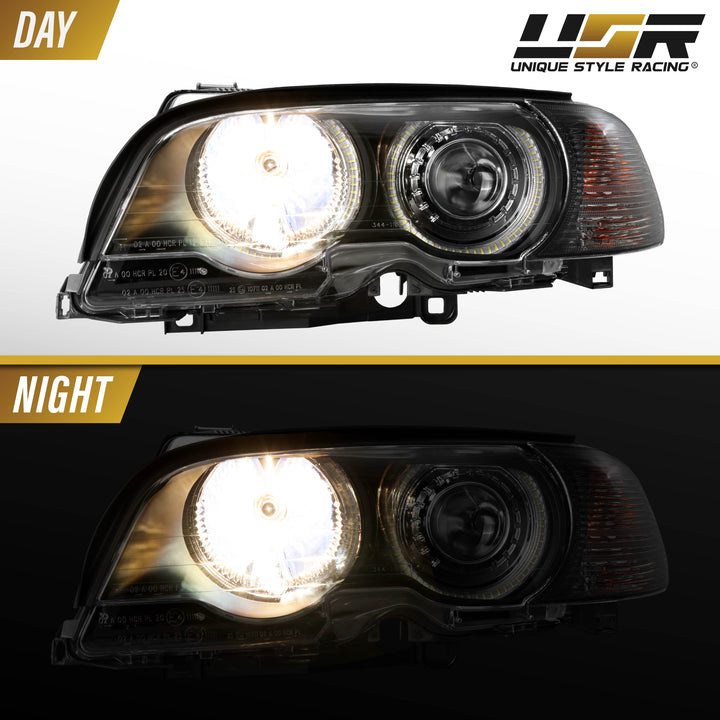 2000-2003 BMW 3 Series E46 2D & 2002-2006 E46 M3 Halogen Models Angel Eye Projector Headlight with UHP LED Halo Rings & Smoke Lens Corner Light COMBO