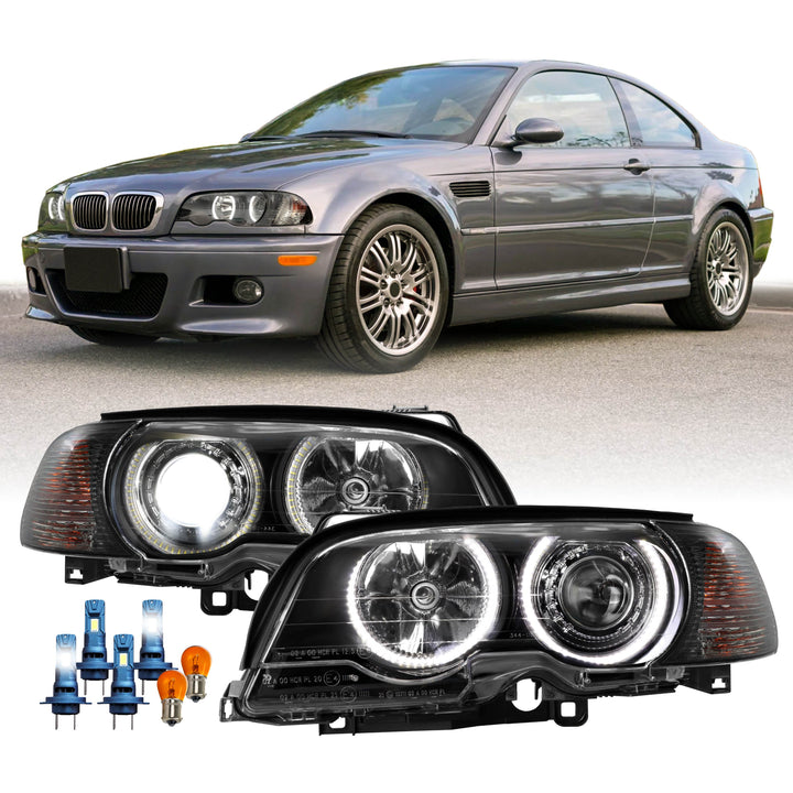 2000-2003 BMW 3 Series E46 2D & 2002-2006 E46 M3 Halogen Models Angel Eye Projector Headlight with UHP LED Halo Rings & Smoke Lens Corner Light COMBO