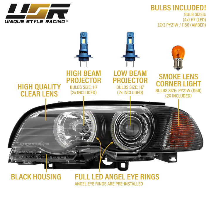 2000-2003 BMW 3 Series E46 2D & 2002-2006 E46 M3 Halogen Models Angel Eye Projector Headlight with UHP LED Halo Rings & Smoke Lens Corner Light COMBO