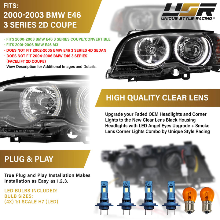 2000-2003 BMW 3 Series E46 2D & 2002-2006 E46 M3 Halogen Models Angel Eye Projector Headlight with UHP LED Halo Rings & Smoke Lens Corner Light COMBO