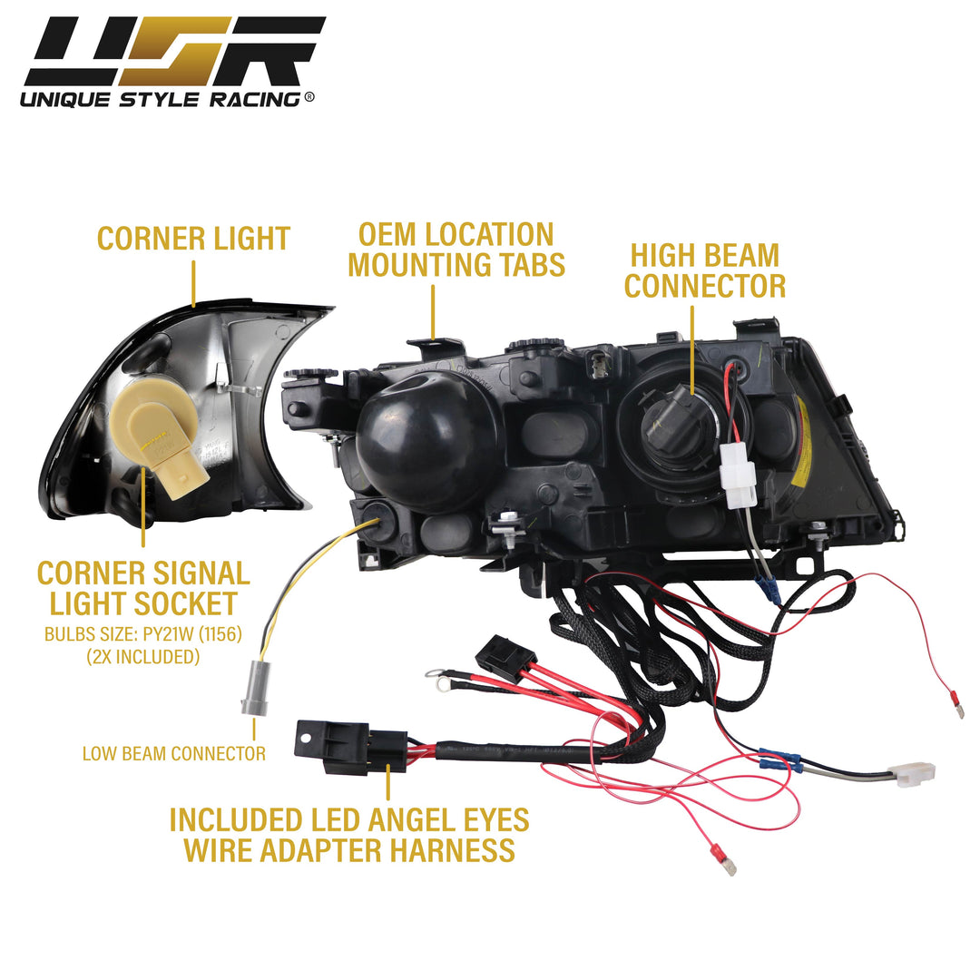 2000-2003 BMW 3 Series E46 2D & 2002-2006 E46 M3 Halogen Models Angel Eye Projector Headlight with UHP LED Halo Rings & Smoke Lens Corner Light COMBO