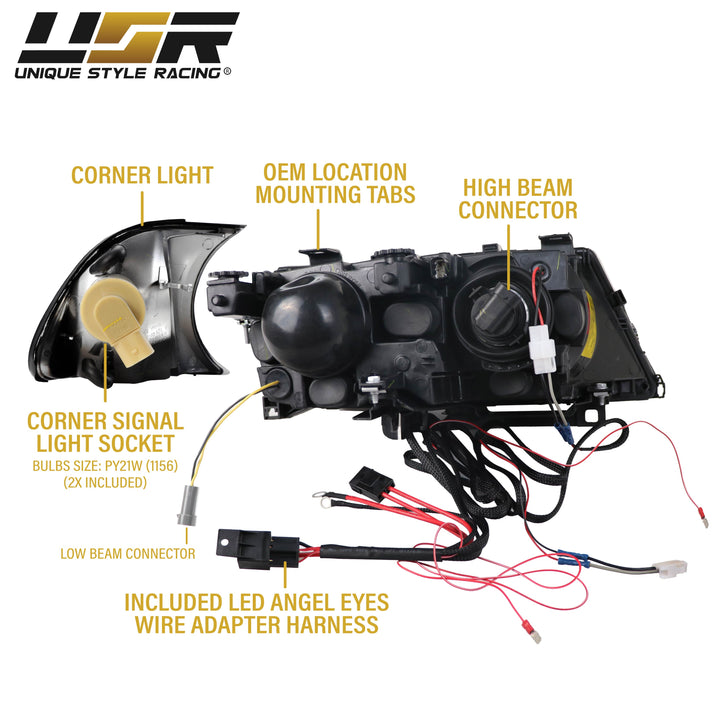 2000-2003 BMW 3 Series E46 2D & 2002-2006 E46 M3 Halogen Models Angel Eye Projector Headlight with UHP LED Halo Rings & Smoke Lens Corner Light COMBO