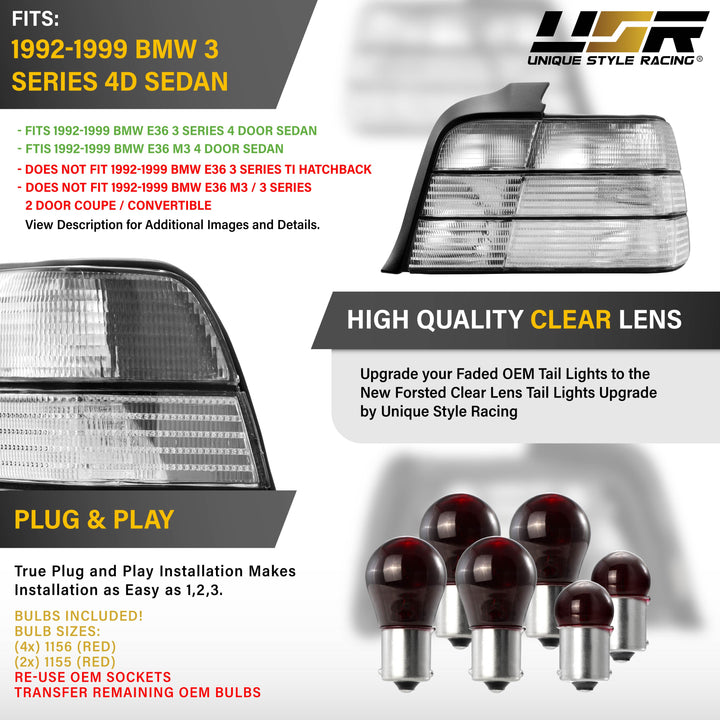 1992-1998 BMW E36 3 Series & M3 4D Sedan All Clear Frosted Lens Tail Lights