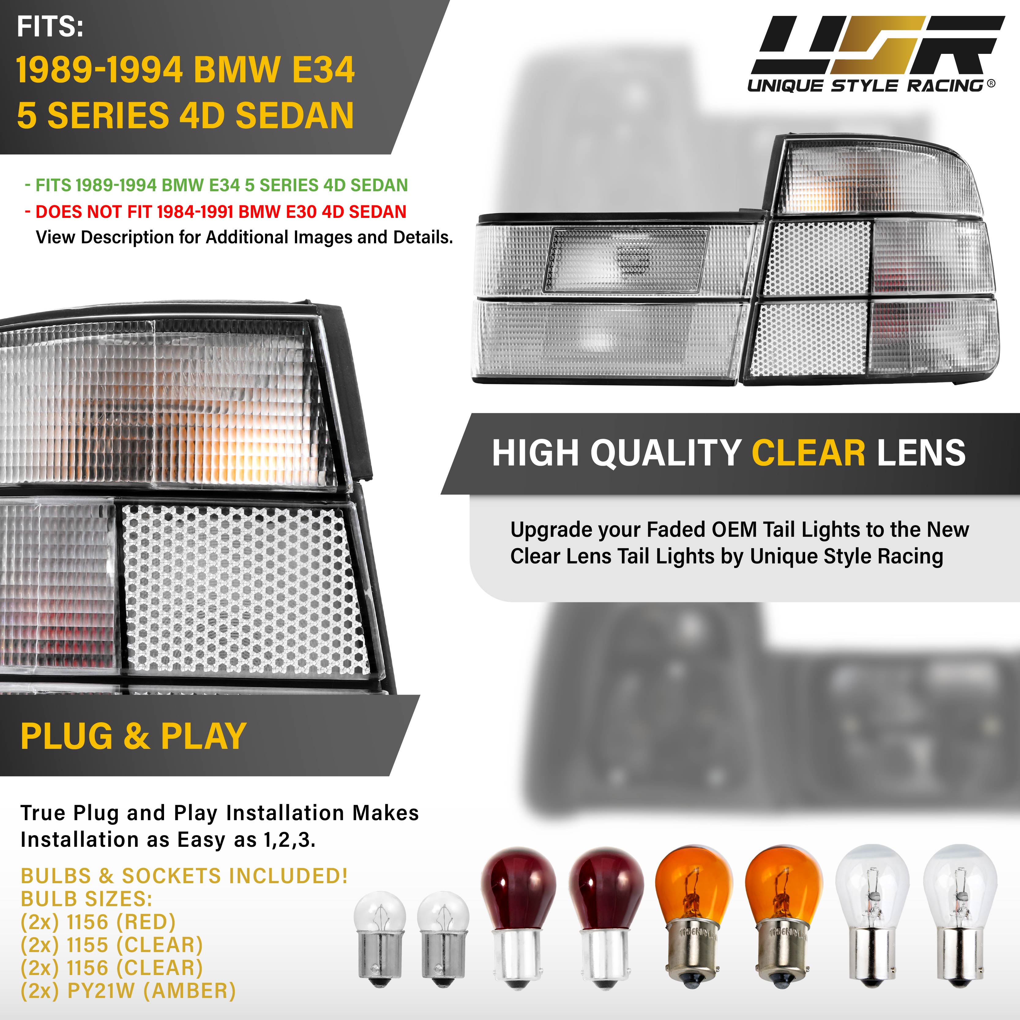 1989-1994 BMW E34 5 Series 4D All Clear, Monochrome, Red Clear, or