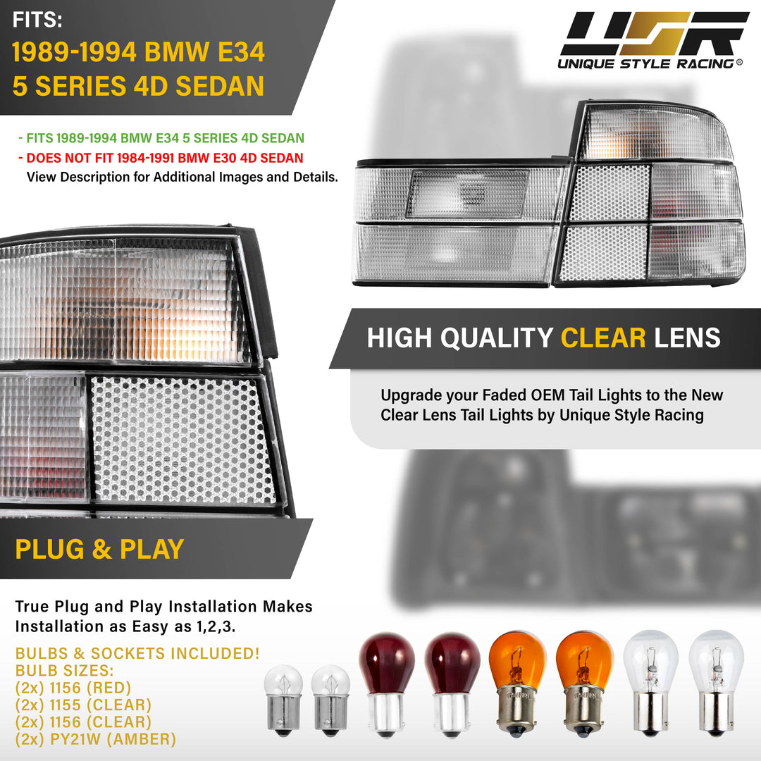 1989 1990 1991 1992 1993 1994 BMW E34 5 Series 4D All Clear, Monochrome, Red Clear, or Smoke Lens Tail Lights

#lens-color_clear-lens