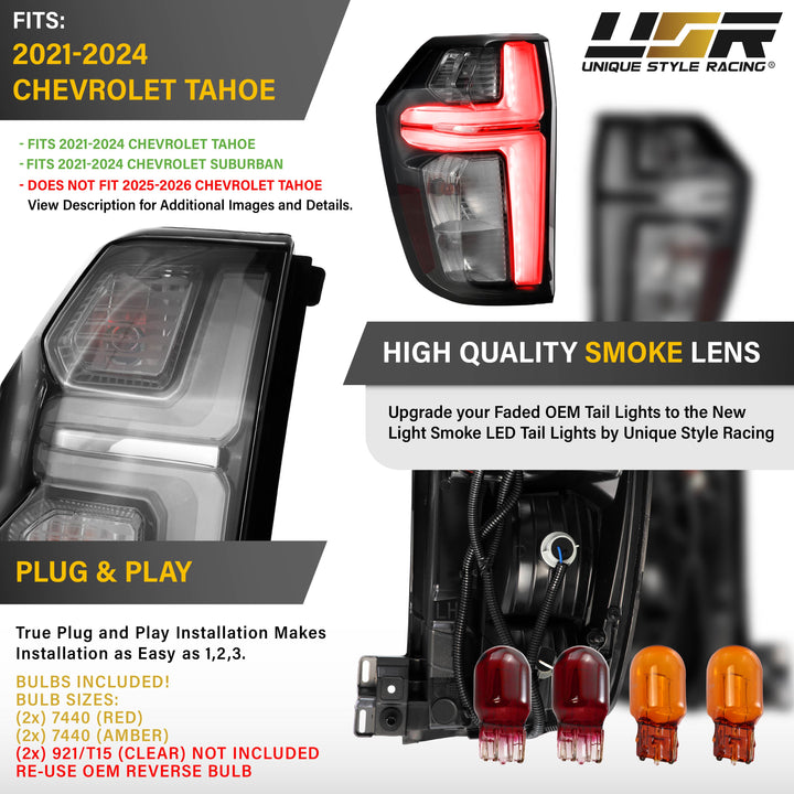 2021-2023 Chevy Chevrolet Tahoe 2025 + Style Smoke Lens LED Tail Lights