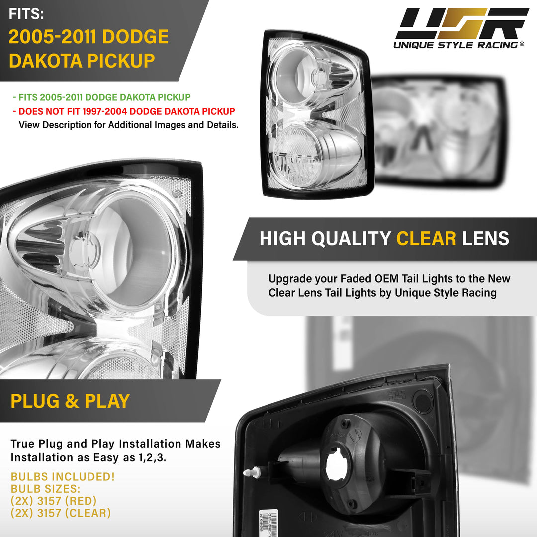 2005-2011 Dodge Dakota Pick Up All Clear Lens Tail Lights