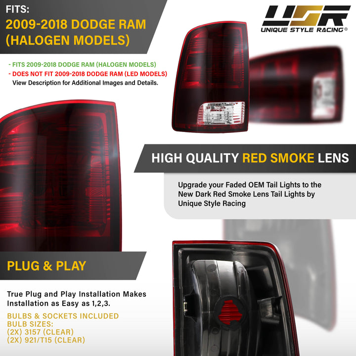 2009-2018 Dodge Ram Pick Up Dark Red Smoked Lens Tail Lights