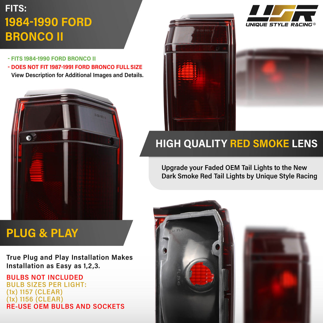1984-1990 Ford Bronco II Small SUV Dark Red Smoked Lens Tail Lights