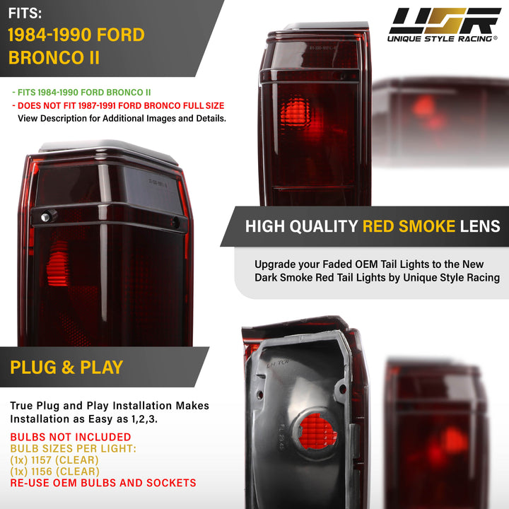 1984-1990 Ford Bronco II Small SUV Dark Red Smoked Lens Tail Lights