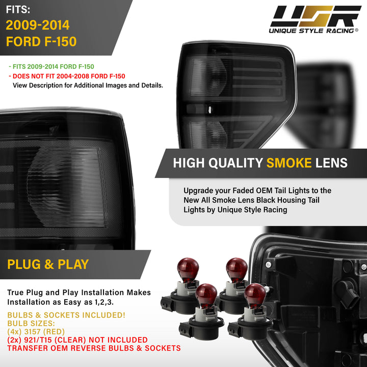 2009-2014 Ford F-150 Black Housing All Clear Lens Tail Lights