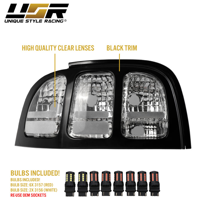 1996-1998 Ford Mustang Black Trim All Clear Lens Tail Lights

#additional-items_add-wire-harness-and-relay-plus-8pcs-led-bulbs