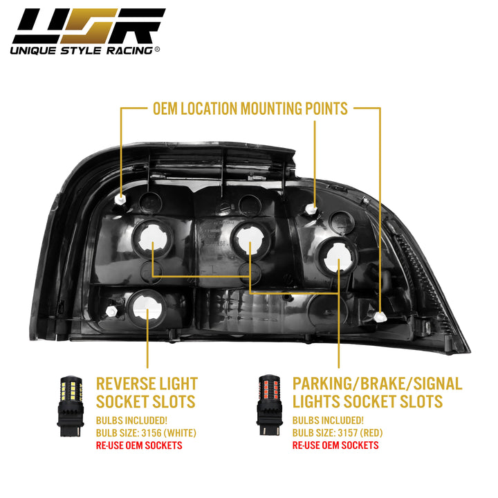 1996-1998 Ford Mustang Black Trim All Clear Lens Tail Lights

#additional-items_add-wire-harness-and-relay-plus-8pcs-led-bulbs