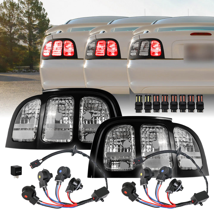 1996-1998 Ford Mustang Black Trim All Clear Lens Tail Lights

#additional-items_add-wire-harness-and-relay-plus-8pcs-led-bulbs