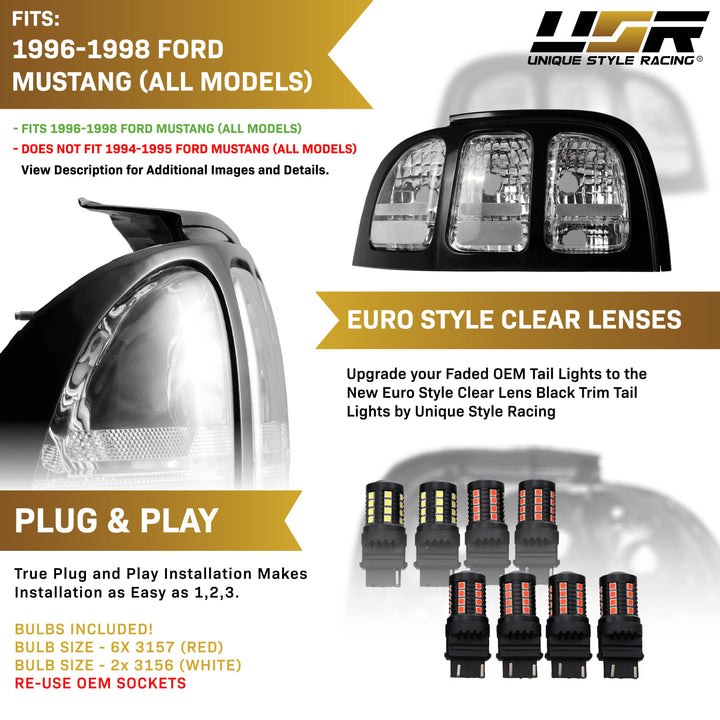 1996-1998 Ford Mustang Black Trim All Clear Lens Tail Lights

#additional-items_add-6pcs-red-led-bulbs-and-2pcs-white-led-bulbs