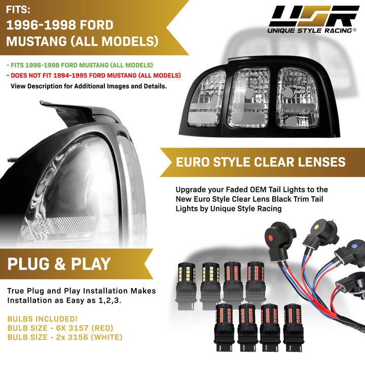 1996-1998 Ford Mustang Black Trim All Clear Lens Tail Lights

#additional-items_add-wire-harness-and-relay-plus-8pcs-led-bulbs