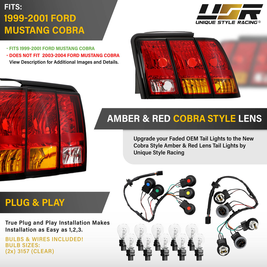 1999-2004 Ford Mustang New Edge Cobra AM Replacement with Wire Harness Tail Lights
