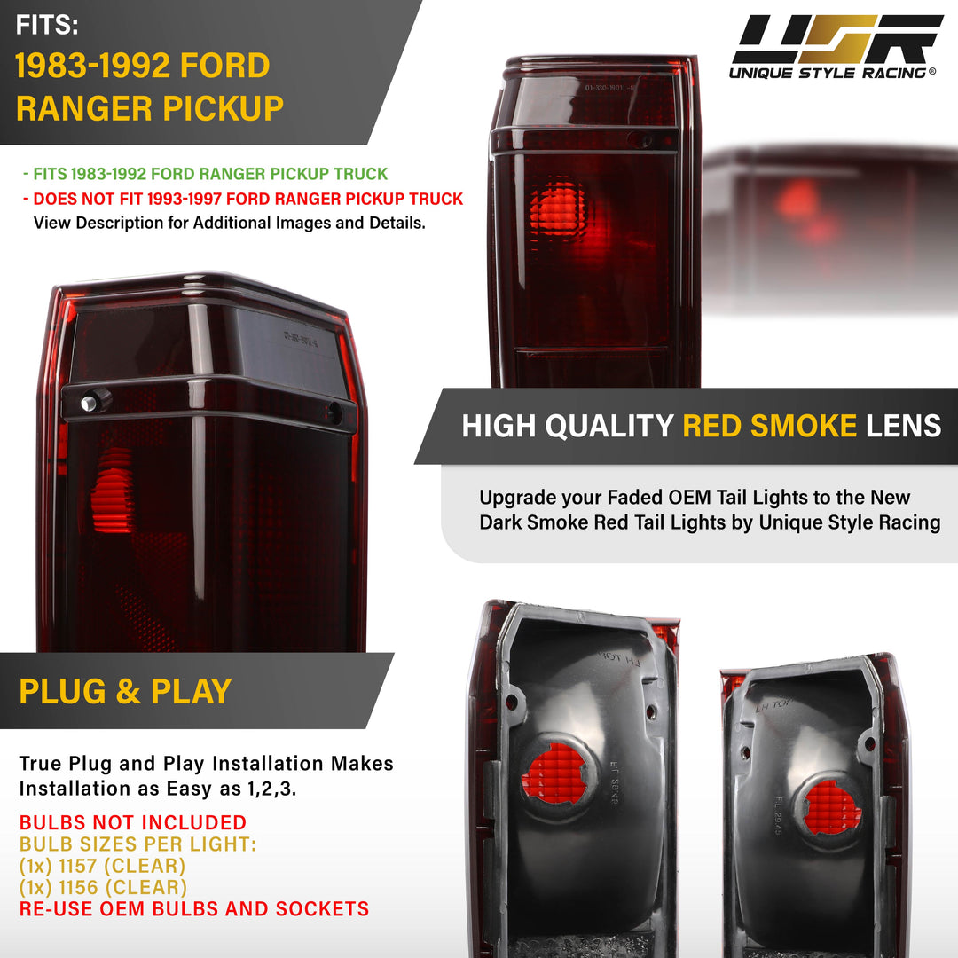 1983-1992 Ford Ranger Dark Cherry Red Lens Tail Lights