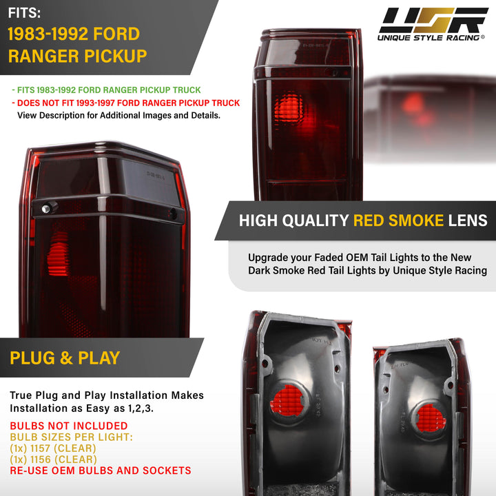 1983-1992 Ford Ranger Dark Cherry Red Lens Tail Lights