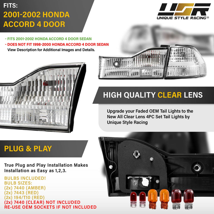 2001 01 2002 02 Honda Accord 4D 4 door Sedan All Clear Lens 4PC 4 piece Tail Lights

#light-source_incandescent