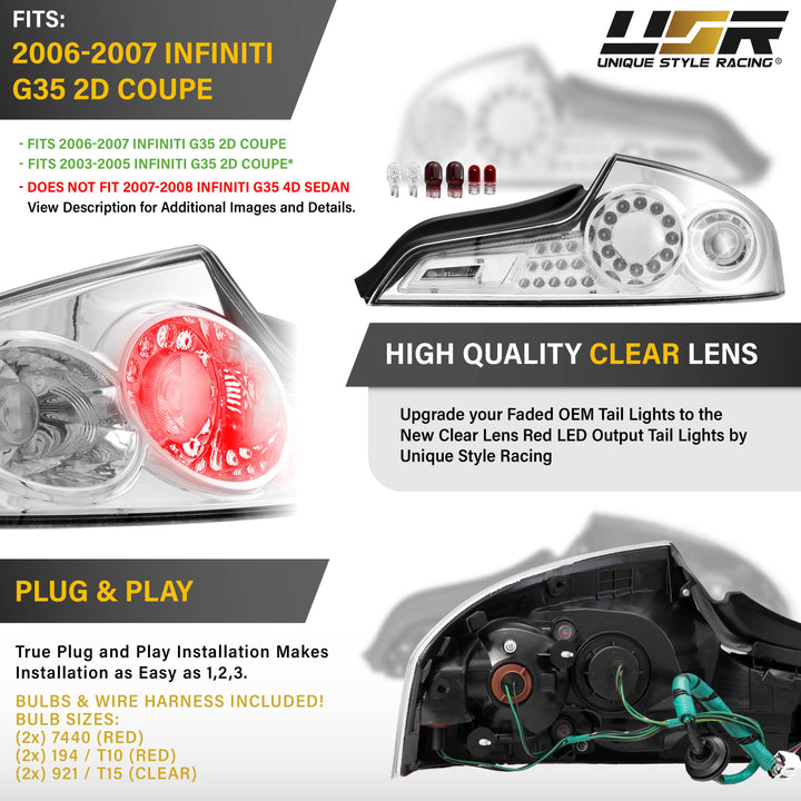 2006 - 2007 Infiniti G35 2 Door Coupe All Clear Lens LED Tail Lights

#light-source_incandescent