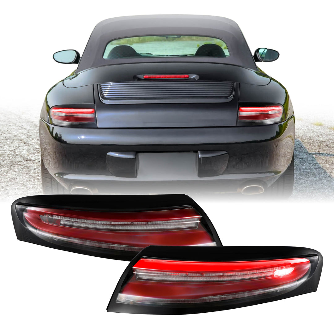1998-2004 Porsche 996 Carrera, Targa, GT3 991.2 Style Black Housing Clear Lens with Red LED Light Bar Tail Lights