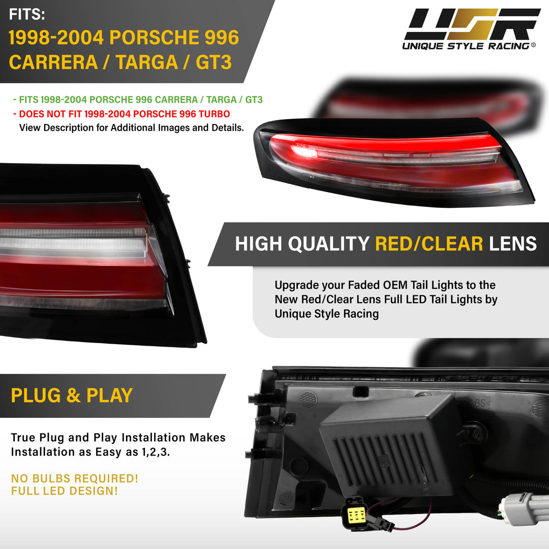 1998-2004 Porsche 996 Carrera, Targa, GT3 991.2 Style Black Housing Clear Lens with Red LED Light Bar Tail Lights
