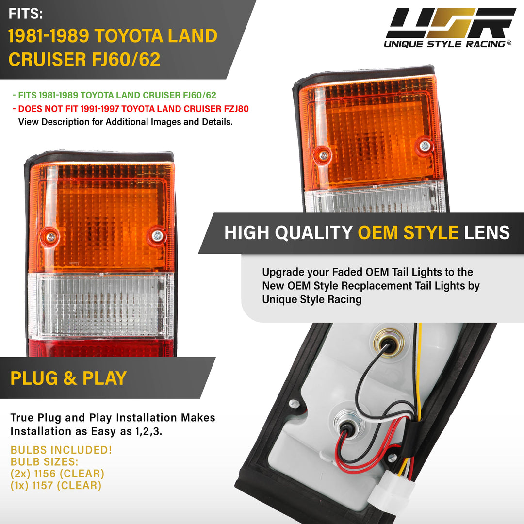 1980-1989 Toyota Land Cruiser J60 FJ60 FJ62 BJ60 HJ60 HJ61 BJ62 HJ62 USR OE Style Replacement Tail Light Set