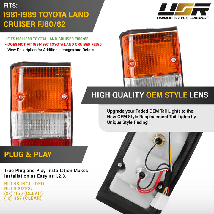 1980-1989 Toyota Land Cruiser J60 FJ60 FJ62 BJ60 HJ60 HJ61 BJ62 HJ62 USR OE Style Replacement Tail Light Set