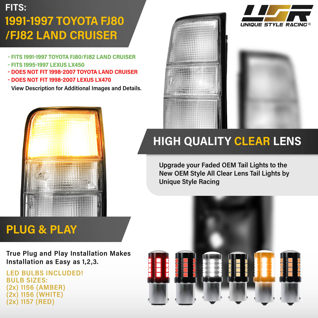 1991 1992 1993 1994 1995 1996 1997 Toyota FJ80 FJ 80 82 FJ82 Land Cruiser 1995 1996 1997 Lexus LX450 LX 450 All Clear Lens Tail Lights

#light-source_led