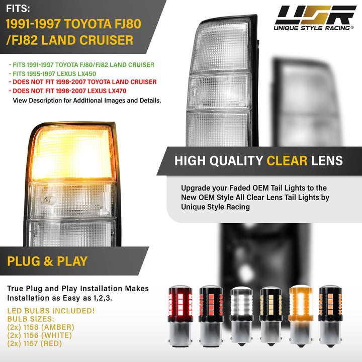 1991 1992 1993 1994 1995 1996 1997 Toyota FJ80 FJ 80 82 FJ82 Land Cruiser 1995 1996 1997 Lexus LX450 LX 450 All Clear Lens Tail Lights

#light-source_led