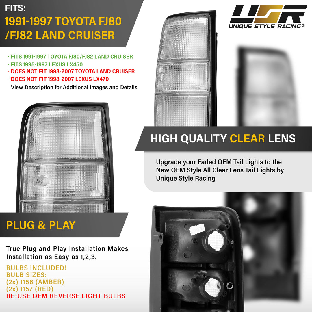 1991 1992 1993 1994 1995 1996 1997 Toyota FJ80 FJ 80 82 FJ82 Land Cruiser 1995 1996 1997 Lexus LX450 LX 450 All Clear Lens Tail Lights

#light-source_incandescent