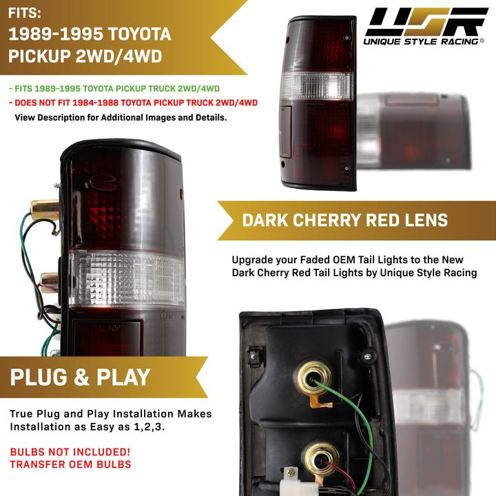 1989-1995 Toyota Pickup Truck 2WD & 4WD Red / Clear or Dark Red Smoke Lens Tail Lights