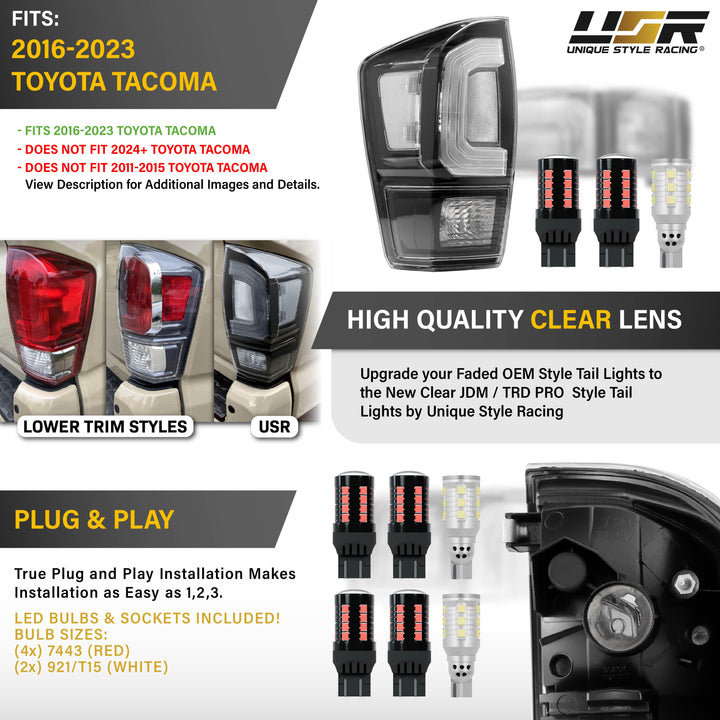 2016 2017 2018 2019 2020 2021 2022 2023 Toyota Tacoma Pickup Truck 3rd Generation JDM Style Black Housing All Clear Lens Tail Lights

#light-source_led