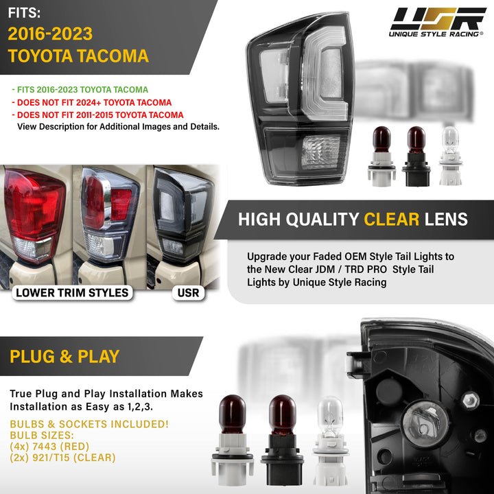 2016 2017 2018 2019 2020 2021 2022 2023 Toyota Tacoma Pickup Truck 3rd Generation JDM Style Black Housing All Clear Lens Tail Lights

#light-source_incandescent