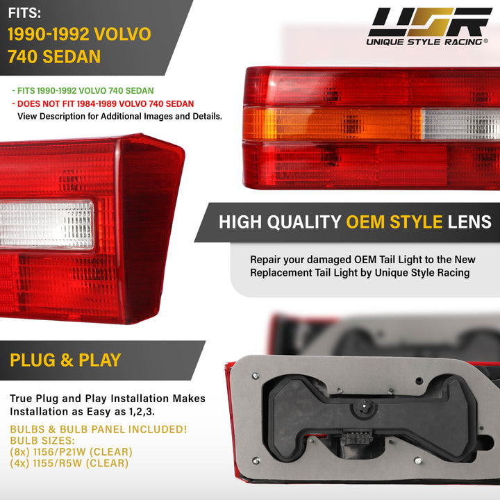 1990-1992 Volvo 740 Red / Clear / Amber Lens Tail Lights