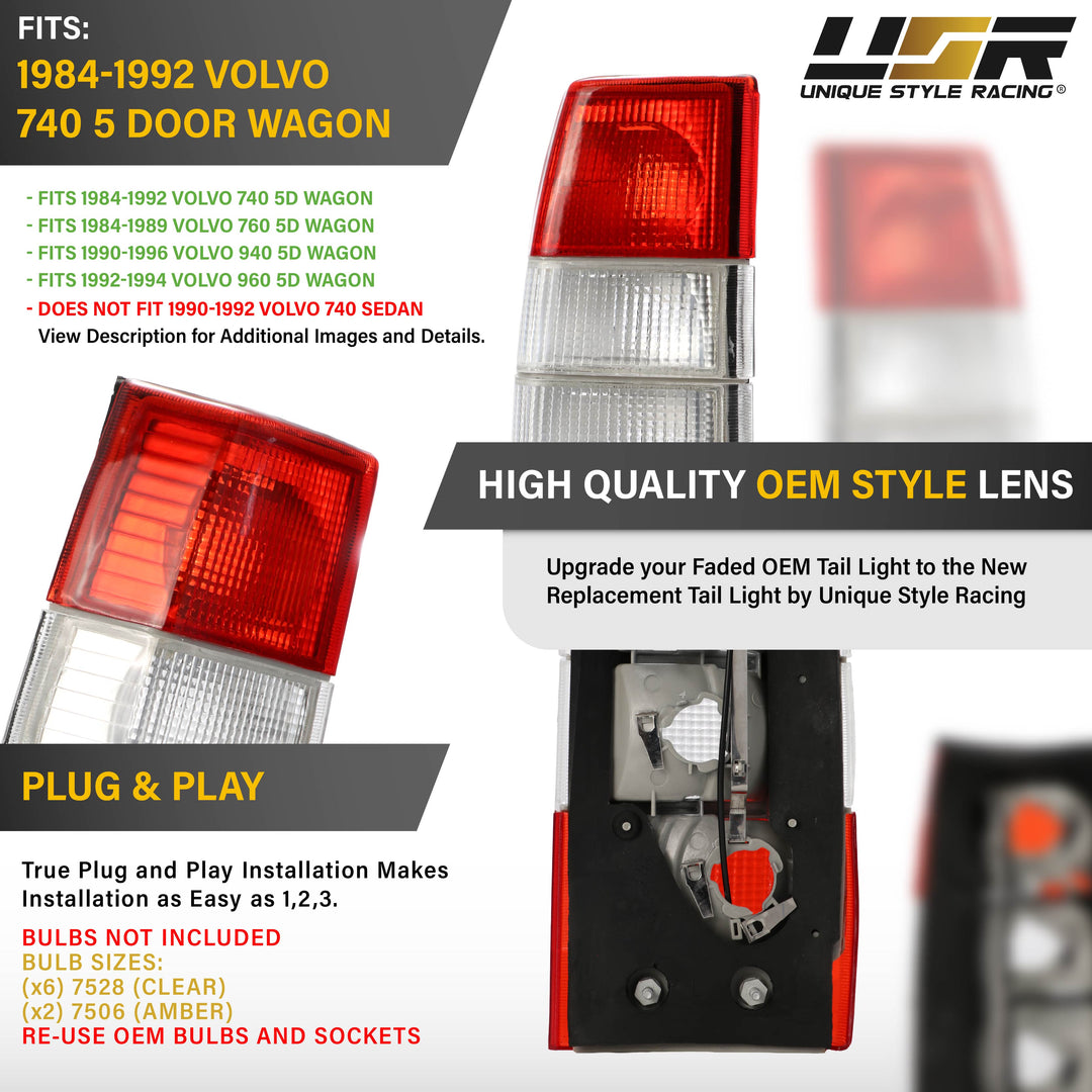 1990-1992 Volvo 740 Red / Clear Lens Tail Lights