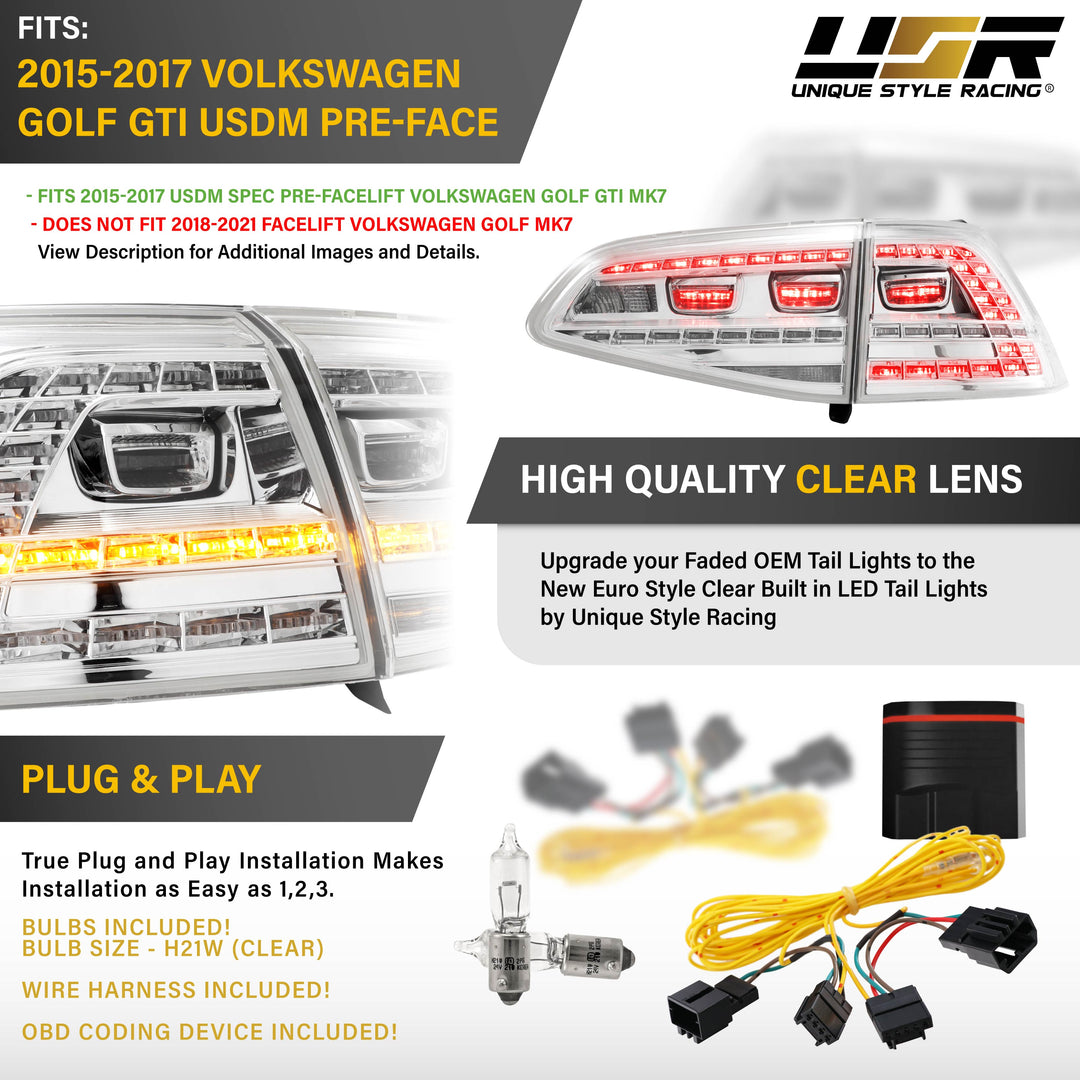 2015-2017 Volkswagen Golf GTI Euro Style All Clear Lens LED Tail Lights with Plug & Play Kit Including USDM to EURO Wire Adapter Harness + OBD Coding Device
