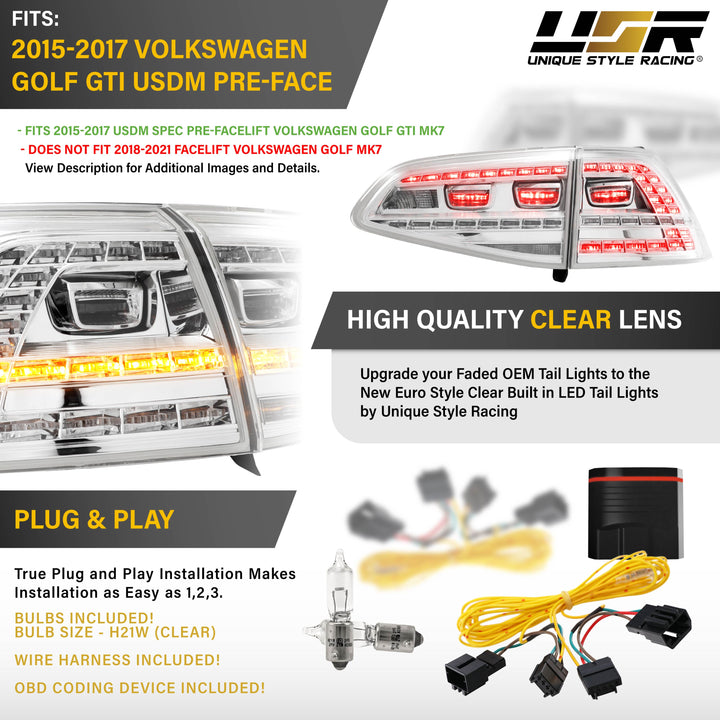 2015-2017 Volkswagen Golf GTI Euro Style All Clear Lens LED Tail Lights with Plug & Play Kit Including USDM to EURO Wire Adapter Harness + OBD Coding Device
