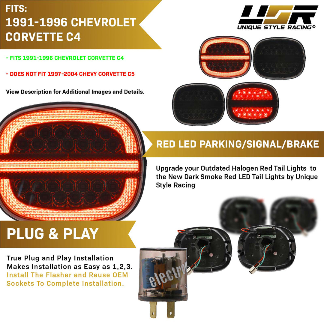 1991-1996 Chevrolet Chevy Corvette C4 Smoke Lens LED 4PC Tail Lights