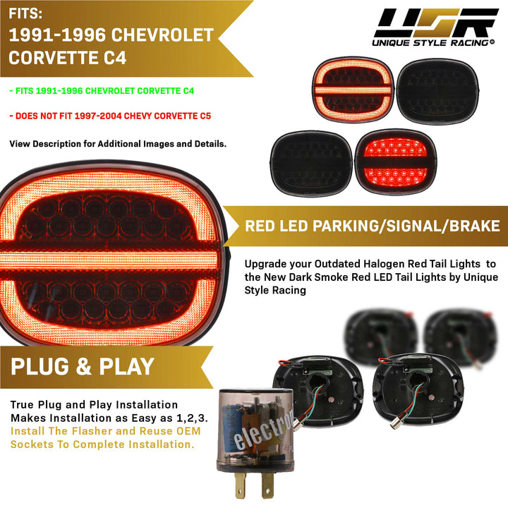1991-1996 Chevrolet Chevy Corvette C4 Smoke Lens LED 4PC Tail Lights